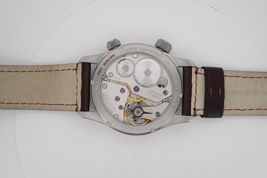 A gentleman's recent stainless steel Victorinox Swiss Army stainless steel manual wind wrist watch with black Arabic dial and subsidiary seconds, case diameter 45mm, on a brown leather strap, no box or papers.